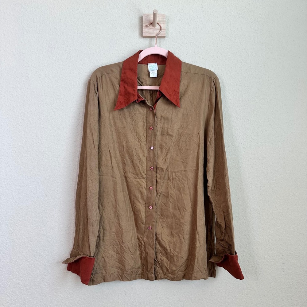 Loulou de la Falaise 100% Silk Button Down Shirt Tan Terracotta Size 16 Colorblo
